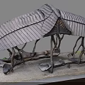 Natural Wooden Pavilion With Curved Tree like Pillars And Stone Bench Seats On Gravel Ground