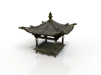 Traditional Chinese Pavilion Architecture With Curved Eaves Tiled Roof Wooden Railing And Platform 3d model