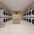 Modern Laundry Room Featuring Multiple Washing Machines Dryers Central Counter Detergent And Upper Cabinets