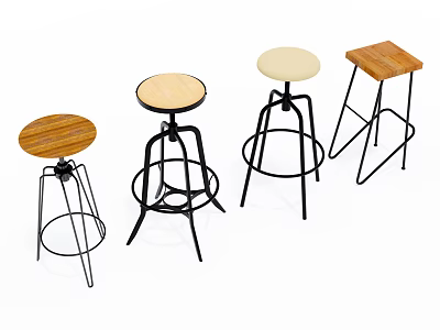Modern Bar Stools With Different Designs Wooden Light Colored Seats And Metal Frames 3d model