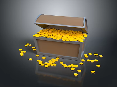 Open Wooden Chest Filled With Gold Coins And Scattered Around The Floor 3d model