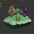 Three Characters in Decorative Gear with Flame Feather Decorations Standing on Snowy Rock Platform