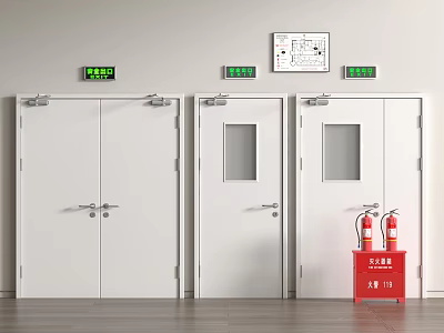 Fire Safety Equipment With White Fire Doors Glass Windows Red Extinguishers And Green Exit Signs 3d model