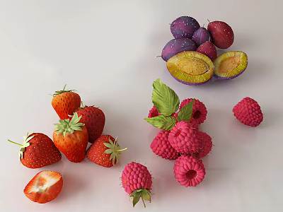 Fresh Ripe Strawberries Sliced Plums And Juicy Raspberries On White Background 3d model