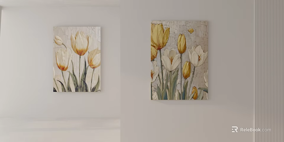 Decorative Plant Paintings With Yellow White Tulips For Indoor Wall Decoration 3d model 