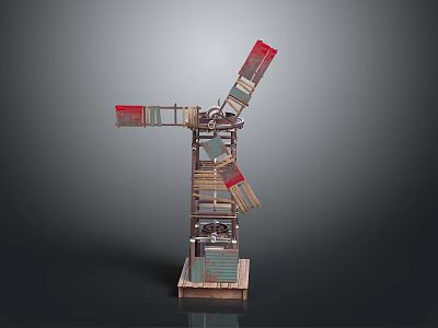 Handmade Windmill Model Structure With Wooden Blades And Metal Parts Design 3d model