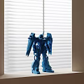 Detailed Blue Robot Sculpture Standing By Window With White Blinds Background