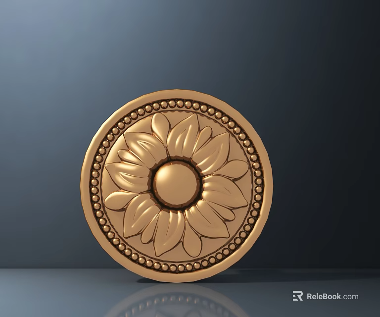 Golden Circular Decorative Ornament With Floral Petal Design And Dotted Border 3d model 