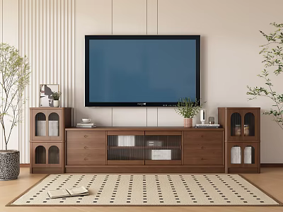 Modern Wooden TV Stand With Storage Drawers Open Shelves And TV In Living Room 3d model