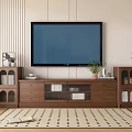 Modern Wooden TV Stand With Storage Drawers Open Shelves And TV In Living Room