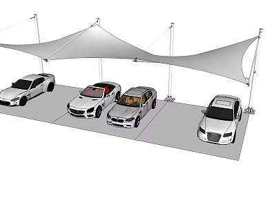 Shade Sail Structure Covering Parked Cars In Outdoor Parking Area 3d model
