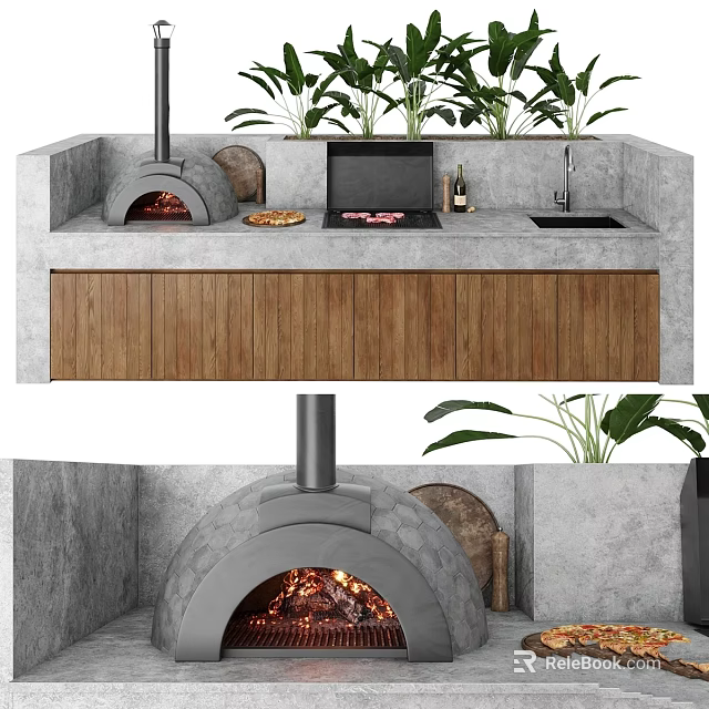 Stylish Outdoor Kitchen Setup With Pizza Oven Wooden Cabinets Concrete Counter Sink And Plants 3d model 