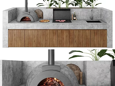 Stylish Outdoor Kitchen Setup With Pizza Oven Wooden Cabinets Concrete Counter Sink And Plants 3d model