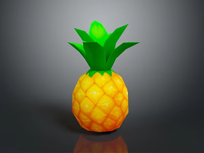 Fresh Ripe Pineapple With Green Leaves And Yellow Textured Skin On Dark Reflective Surface 3d model