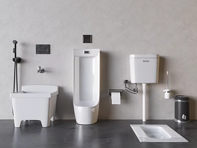 Modern Bathroom Urinal With Bidet Toilet Tank Toilet Paper Holder Floor Drain And Trash Can 3d model