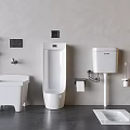 Modern Bathroom Urinal With Bidet Toilet Tank Toilet Paper Holder Floor Drain And Trash Can