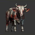 Pink and white cow with unique coloration standing against dark background
