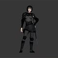 Warrior Woman In Dark Armor Standing With Sword And Mythical Creature
