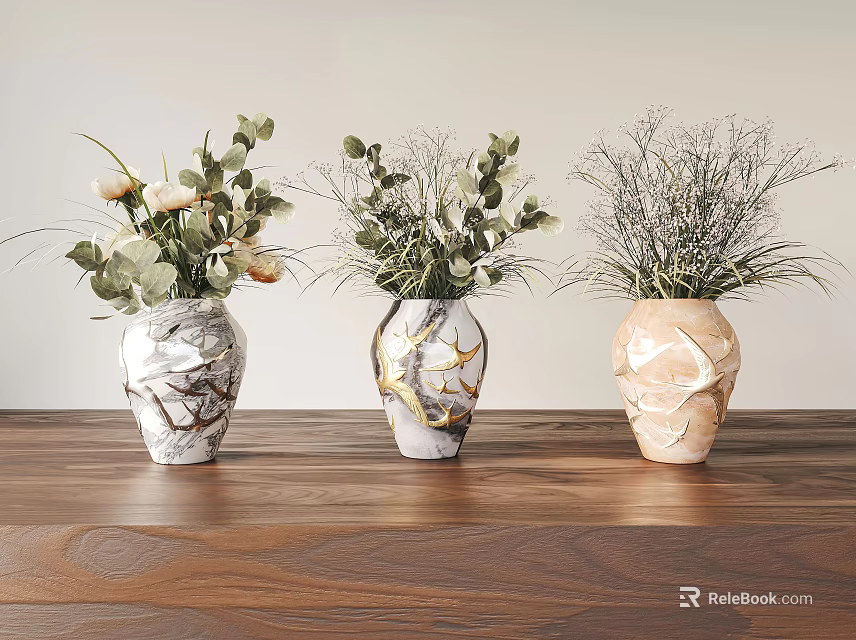 Decorative Vases with Flowers and Green Plants on Wooden Table with Marble and Gold Accents 3d model 