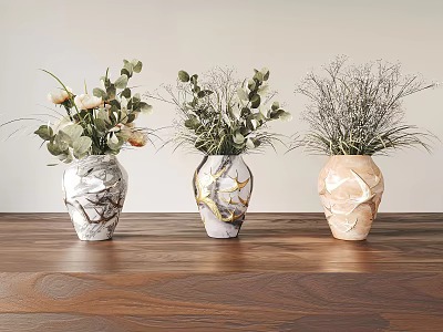 Decorative Vases with Flowers and Green Plants on Wooden Table with Marble and Gold Accents 3d model