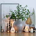 Stylish Decorative Ornament Set With Green Foliage Gray Vase Golden Silver Leaves And Candles