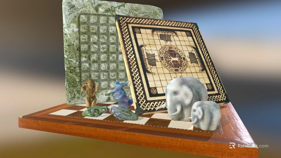 Intricate Chessboard Set With Animal Figurines On Wooden Base And Detailed Patterns 3d model 