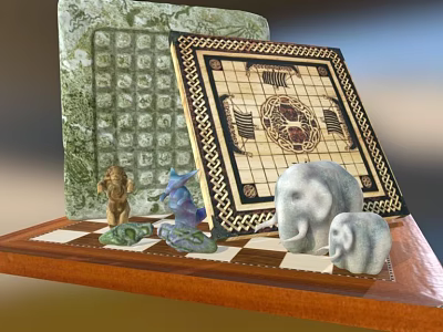 Intricate Chessboard Set With Animal Figurines On Wooden Base And Detailed Patterns 3d model