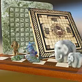 Intricate Chessboard Set With Animal Figurines On Wooden Base And Detailed Patterns