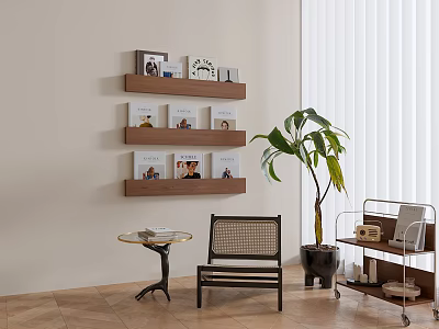 Minimalist Accent Chair In Bright Interior With Wooden Shelves Green Plant And Small Round Table 3d model