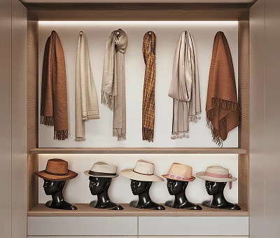 Stylish Hats Displayed On Black Mannequin Heads In Wooden Showcase With Scarves Above 3d model