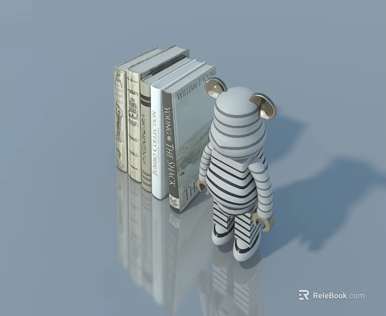 Wooden Hinged Door In Room With Stacked Books And Striped Stuffed Bear 3d model 