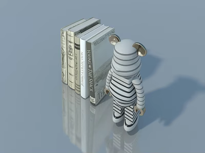 Wooden Hinged Door In Room With Stacked Books And Striped Stuffed Bear 3d model