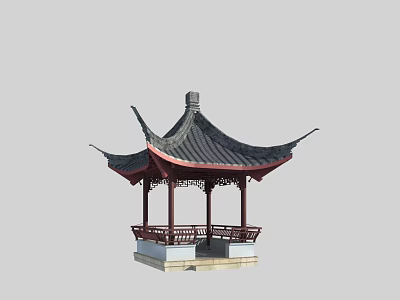 Traditional Chinese Garden Pavilion With Black Tiled Roof Red Eaves Carved Decorations And White Base 3d model
