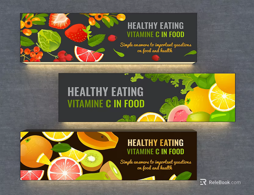 Colorful Healthy Eating Vitamin C Food Wall Hanging Banner With Fruits And Vegetables 3d model 