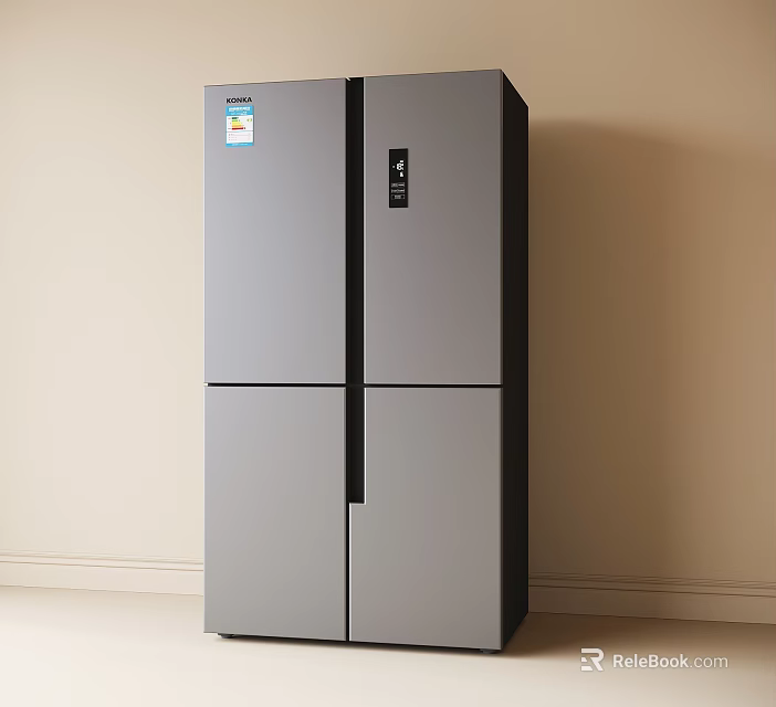 Modern Gray Four Door Refrigerator Freezer Sleek Design in Minimalist Interior with Black Control Panel 3d model 