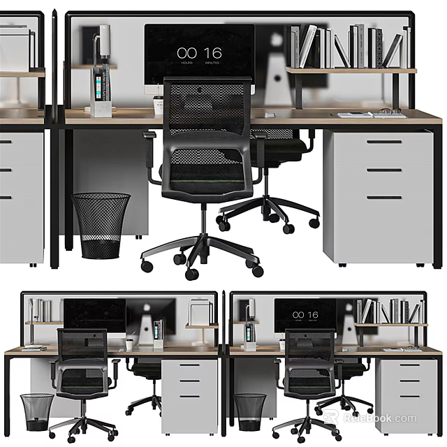 Modern Office Desk With Ergonomic Mesh Chair Computer Monitor And Filing Cabinet 3d model 