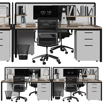 Modern Office Desk With Ergonomic Mesh Chair Computer Monitor And Filing Cabinet 3d model