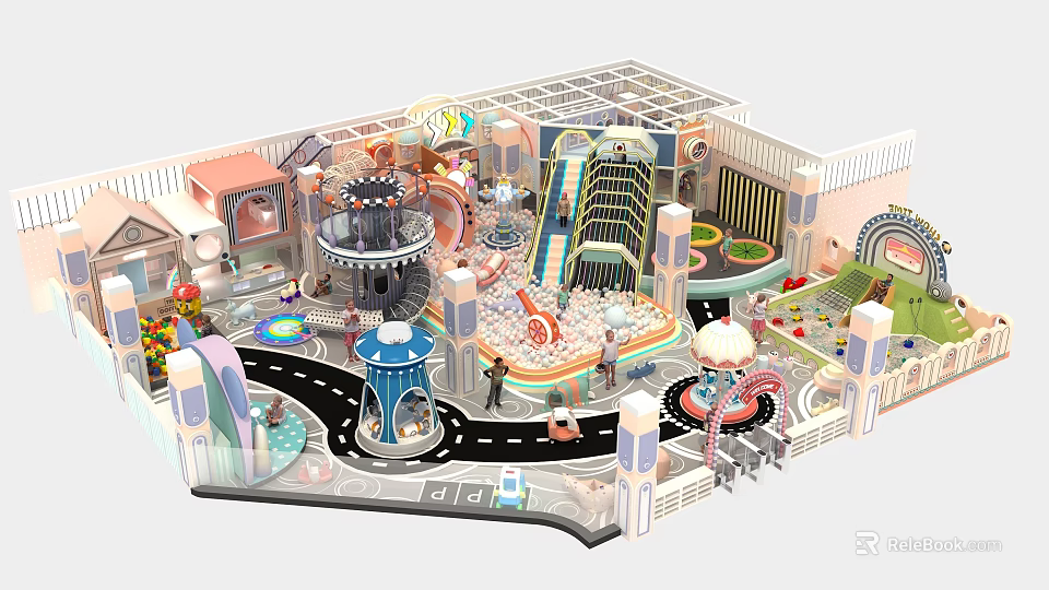 Vibrant Indoor Playground Featuring Spiral Slide Mini Carousel Decorative Fountain And Colorful Paved Roads 3d model 