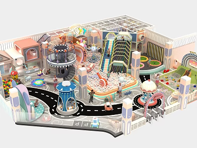 Vibrant Indoor Playground Featuring Spiral Slide Mini Carousel Decorative Fountain And Colorful Paved Roads 3d model