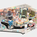 Vibrant Indoor Playground Featuring Spiral Slide Mini Carousel Decorative Fountain And Colorful Paved Roads