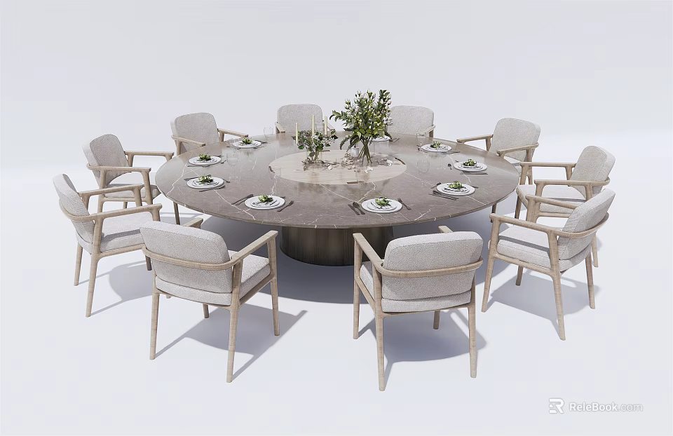 Light Colored Round Dining Table Set With Chairs Green Plant And Tableware 3d model