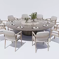 Light Colored Round Dining Table Set With Chairs Green Plant And Tableware 3d model