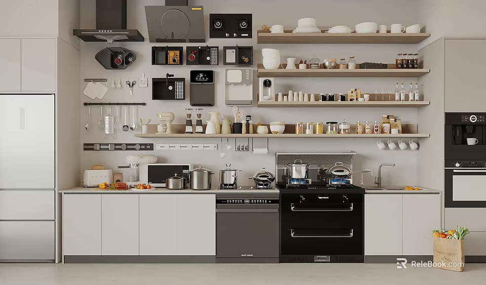 Modern Kitchen Dinnerware Set With Organized Shelves Storage Bowls And Cups 3d model