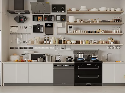 Modern Kitchen Dinnerware Set With Organized Shelves Storage Bowls And Cups 3d model