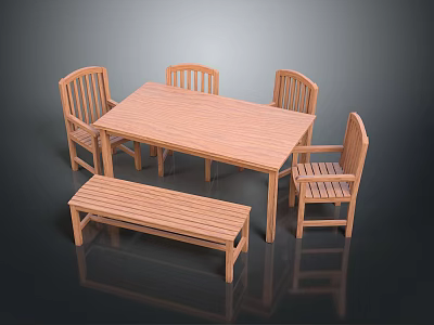 Wooden Dining Table Set with Four Chairs and Bench for Home Dining 3d model