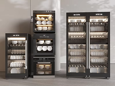 Modern Black Kitchen Appliances With Glass Doors Layered Shelves And Storage For Dishes Bowls Cups 3d model