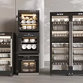 Modern Black Kitchen Appliances With Glass Doors Layered Shelves And Storage For Dishes Bowls Cups