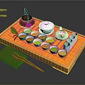 Traditional Green Tea Set On Wooden Tray With Teapot Cups Bowls Leaf Cloth And Chopsticks