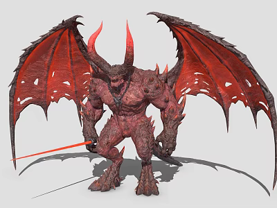 Fantasy Demon Character With Red Wings Horns And Sword 3d model
