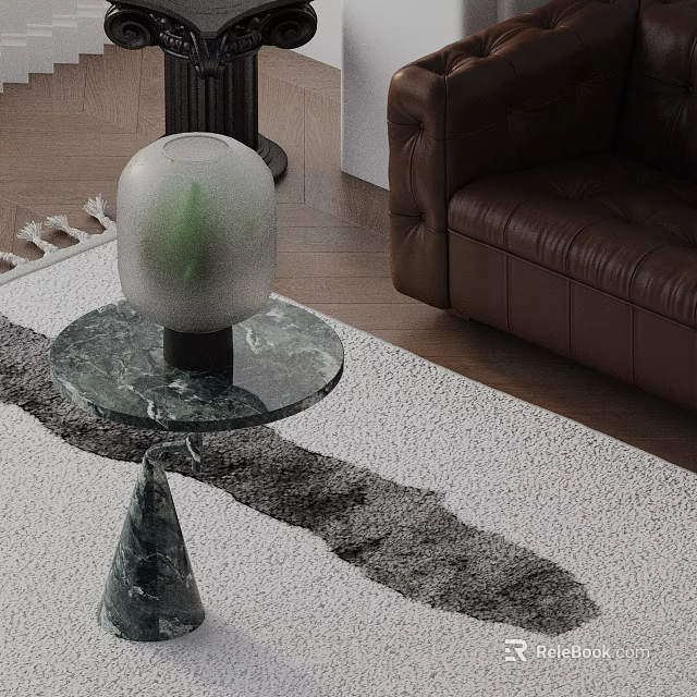 Stylish Side Table With Marble Top And Glass Vase By Brown Leather Sofa On Rug 3d model 